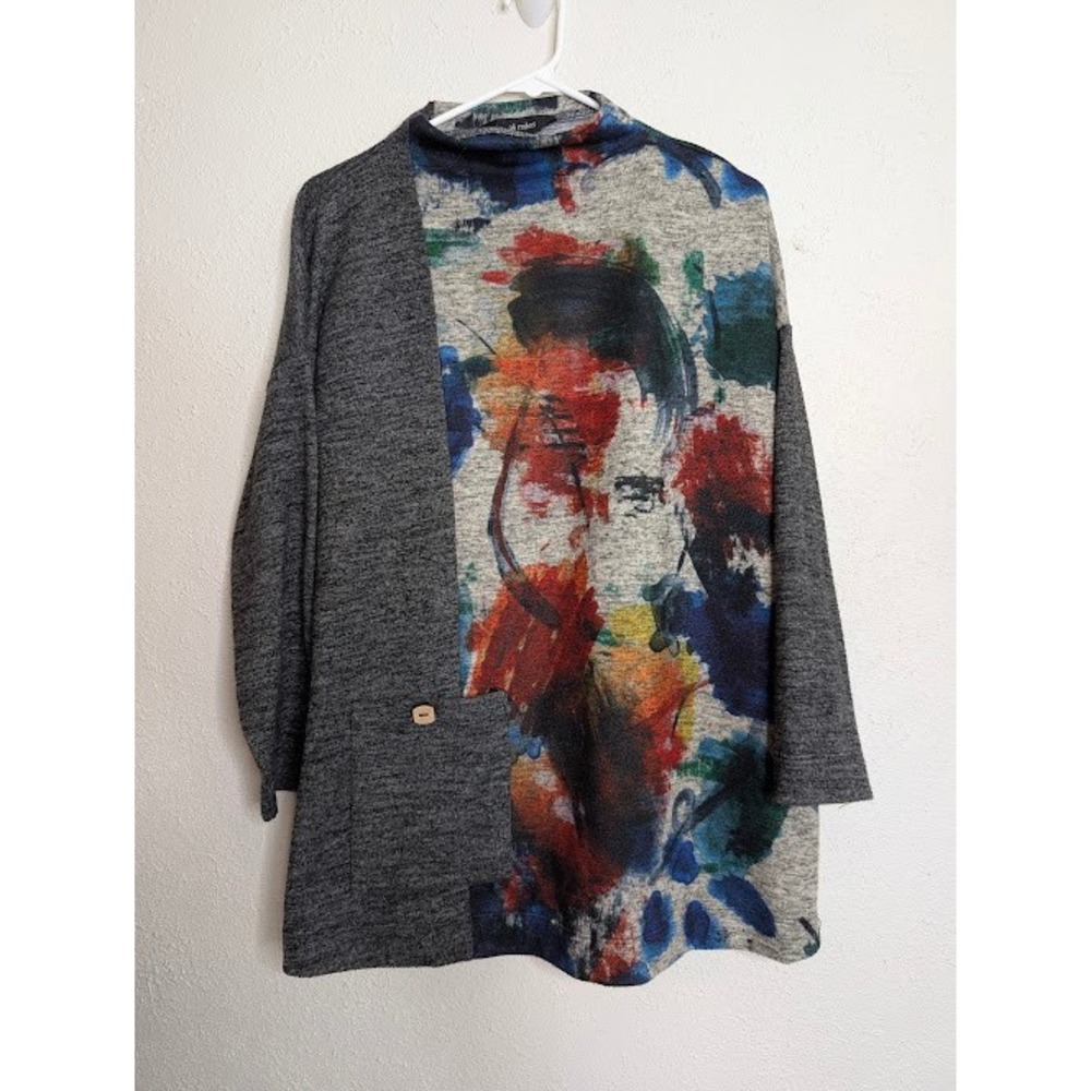 Ali Miles Women Tunic Top Medium Gray Abstract Art Mock Neck Pocket Long Sleeve